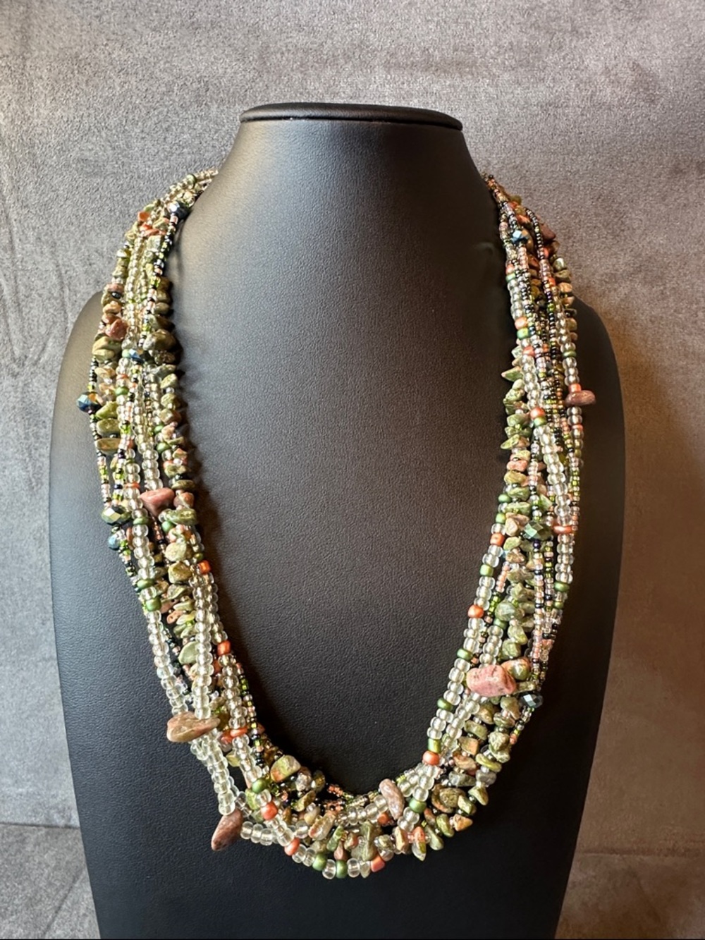 Multi-Strand Green & Pink Beaded Necklace